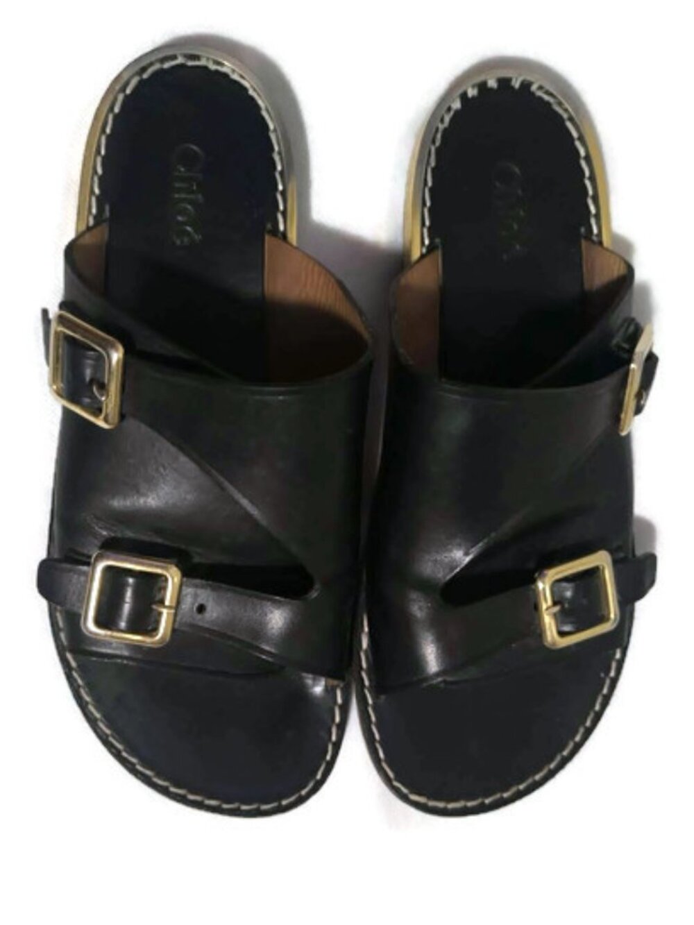 Chloé Wave Black Leather Flat Sandals 38 - Picture 2 of 15